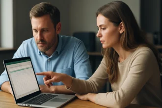 Két ember Google Sheets táblázatot néz egy laptop képernyőjén.