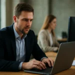 Férfi zárt forráskódú szoftverrel dolgozik irodai környezetben.