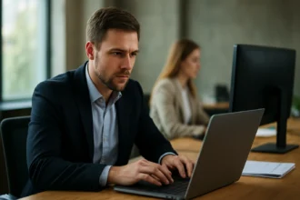 Férfi zárt forráskódú szoftverrel dolgozik irodai környezetben.