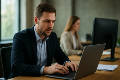 Férfi zárt forráskódú szoftverrel dolgozik irodai környezetben.