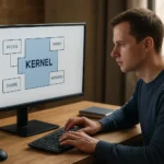 Egy felhasználó a rendszermag (kernel) működését ábrázoló képernyő előtt ül.