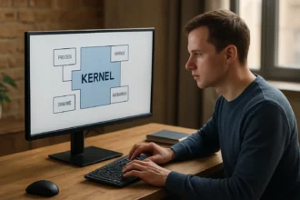 Egy felhasználó a rendszermag (kernel) működését ábrázoló képernyő előtt ül.