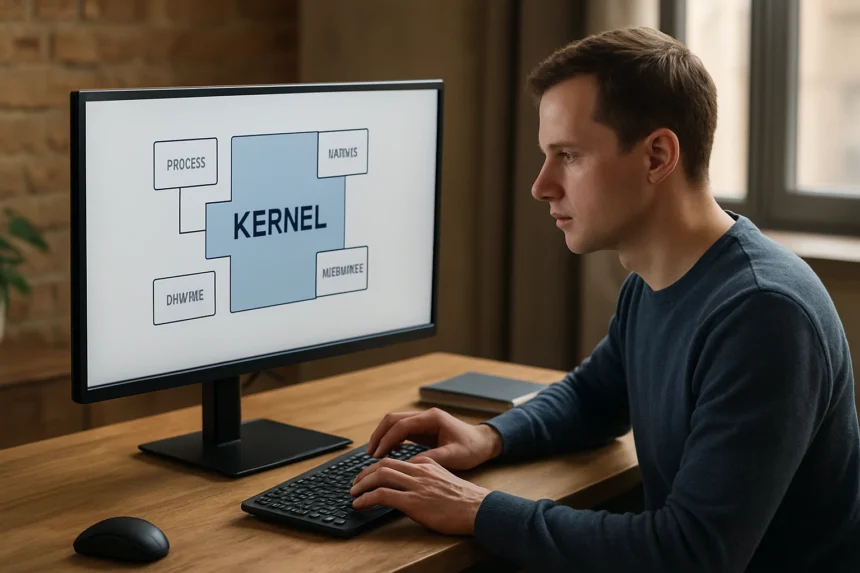 Egy felhasználó a rendszermag (kernel) működését ábrázoló képernyő előtt ül.
