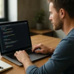 Programozó kódolás közben, laptopon változók használatával.