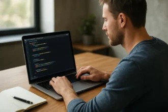 Programozó kódolás közben, laptopon változók használatával.