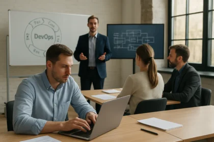 DevOps képzés IT-csapatok számára egy modern tanteremben.