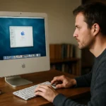 Férfi Mac OS X Tiger 10.4 operációs rendszer használata