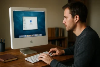 Férfi Mac OS X Tiger 10.4 operációs rendszer használata