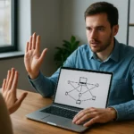 Hálózati kommunikáció bemutatása laptopon, broadcast diagrammal.