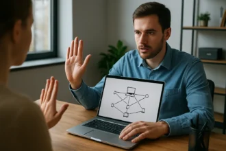 Hálózati kommunikáció bemutatása laptopon, broadcast diagrammal.