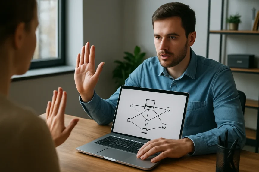 Hálózati kommunikáció bemutatása laptopon, broadcast diagrammal.