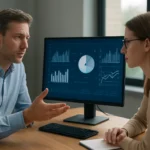 Két szakember adatelemzést végez, háttérben elemző grafikákkal