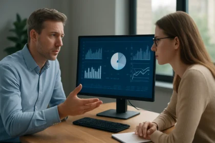 Két szakember adatelemzést végez, háttérben elemző grafikákkal