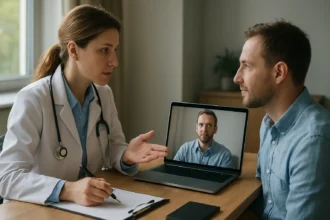 Orvos és beteg távgyógyászat során, online konzultációval