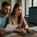 Két ember adatkommunikációs feladatot végez számítógépen.