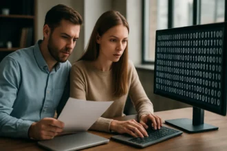 Két ember adatkommunikációs feladatot végez számítógépen.