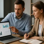 Két szakember teljesítménymenedzsment szoftverrel dolgozik.