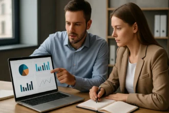 Két szakember teljesítménymenedzsment szoftverrel dolgozik.