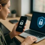 Nő mobiltelefonon PIN kódot ad meg digitális biztonsági alkalmazással.