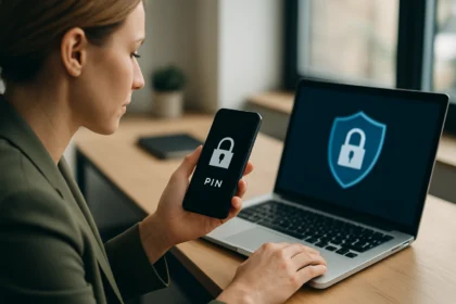 Nő mobiltelefonon PIN kódot ad meg digitális biztonsági alkalmazással.