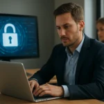 Férfi IT szakember számítógépes biztonsággal foglalkozik