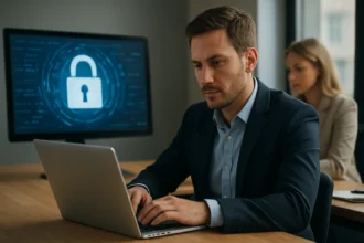 Férfi IT szakember számítógépes biztonsággal foglalkozik