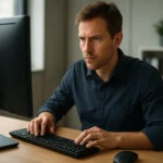 Férfi, aki számítógépen dolgozik egy billentyűzettel