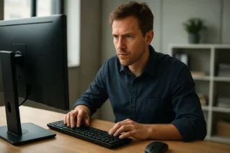 Férfi, aki számítógépen dolgozik egy billentyűzettel