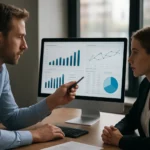 A Business Intelligence dashboard presentation in an office setting.