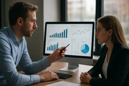 A Business Intelligence dashboard presentation in an office setting.