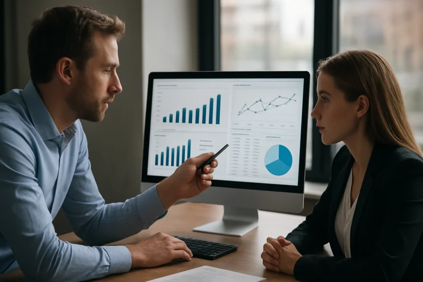 A Business Intelligence dashboard presentation in an office setting.