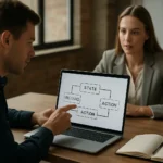 Megerősítéses tanulás ügynök és környezet ábrázolása laptopon