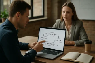 Megerősítéses tanulás ügynök és környezet ábrázolása laptopon