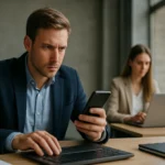 Két szakember, akik mobiltelefont és laptopot használnak egy irodában.