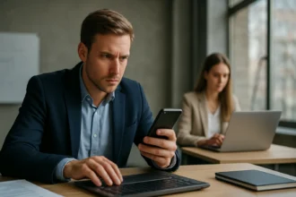 Két szakember, akik mobiltelefont és laptopot használnak egy irodában.