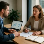 Két üzleti szakember megbeszélése egy teljesítménymenedzsment szoftverről.