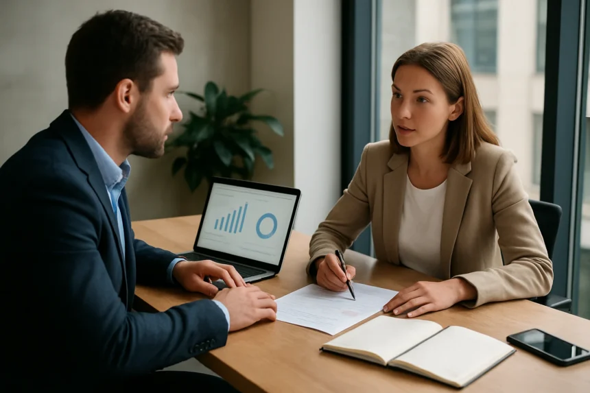Két üzleti szakember megbeszélése egy teljesítménymenedzsment szoftverről.