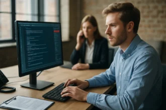 Férfi IT szakember incidenskezelés közben, háttérben női kollégája.