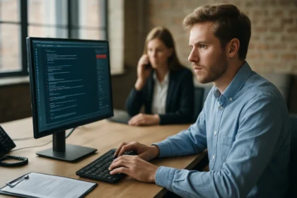 Férfi IT szakember incidenskezelés közben, háttérben női kollégája.