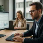 Két munkavállaló adatelemzéssel foglalkozik modern irodai környezetben.