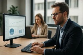 Két munkavállaló adatelemzéssel foglalkozik modern irodai környezetben.