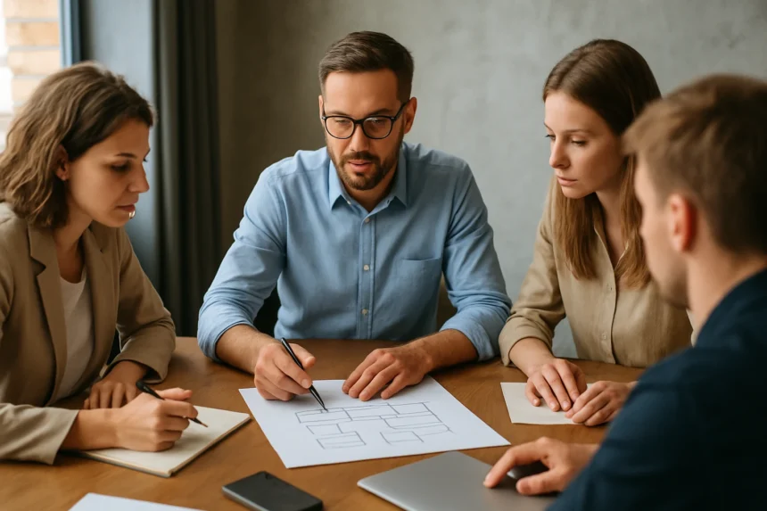 Projekttervezés folyamat 4 fős csapatban, tervezési táblázat készítése.