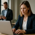 Nő dolgozik laptopján, férfi háttérben táblagépet használ.