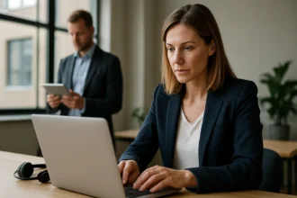 Nő dolgozik laptopján, férfi háttérben táblagépet használ.