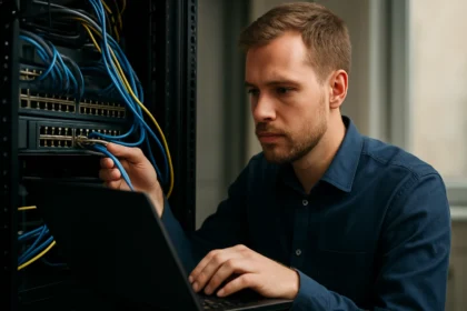 Szakember a PPP hálózati kapcsolatok beállításán dolgozik.