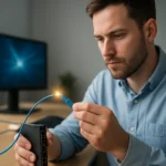 Férfi optikai kábelt csatlakoztat egy routerhez a gyorsabb adatátvitelért.