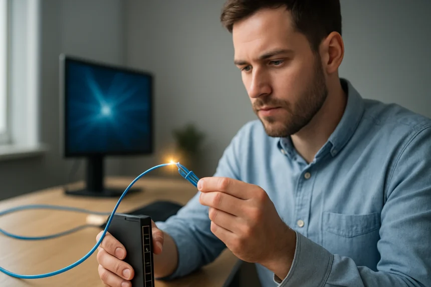 Férfi optikai kábelt csatlakoztat egy routerhez a gyorsabb adatátvitelért.
