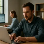 Férfi dolgozik laptopján az informatikai hozzáférés témájában