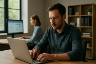 Férfi dolgozik laptopján az informatikai hozzáférés témájában
