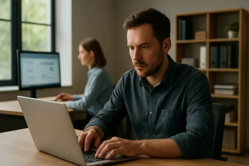 Férfi dolgozik laptopján az informatikai hozzáférés témájában